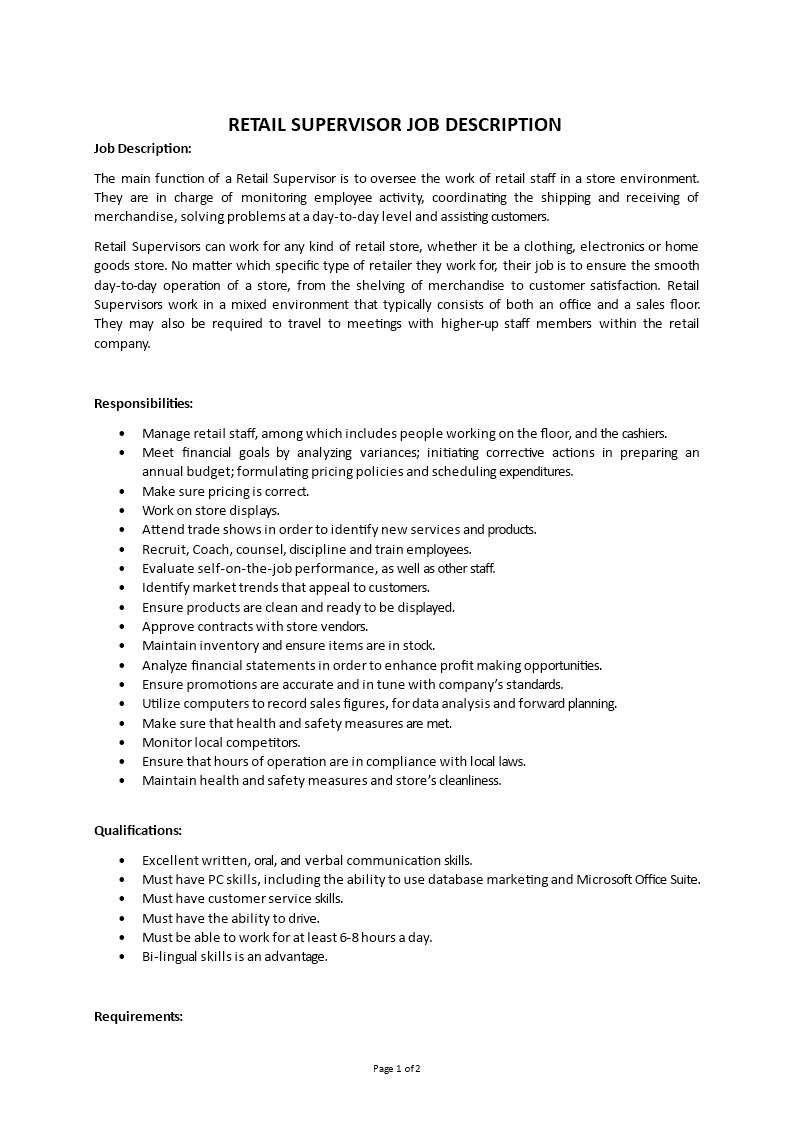 retail supervisor job description