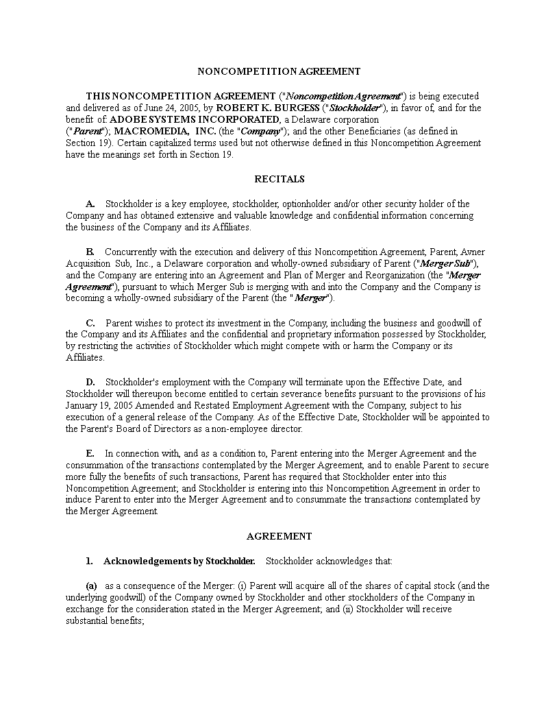 Non Compete Agreement Template For Stockholders Ensuring Agreement And non-compete-agreement-template-for-stockholders-ensuring-agreement-and