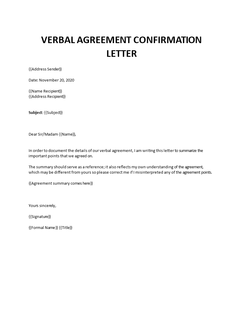verbal confirmation letter template