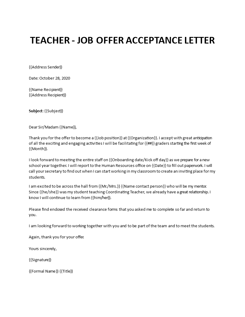 Acceptance letter for a teaching job