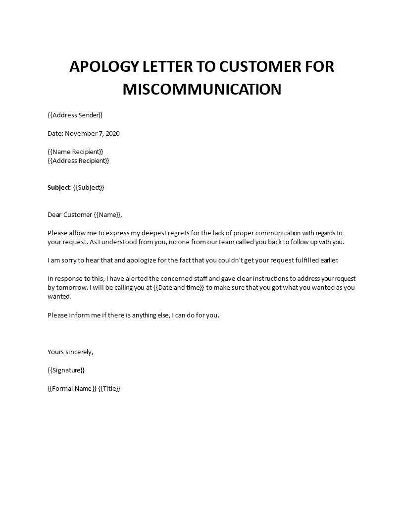 apology letter to customer for miscommunication