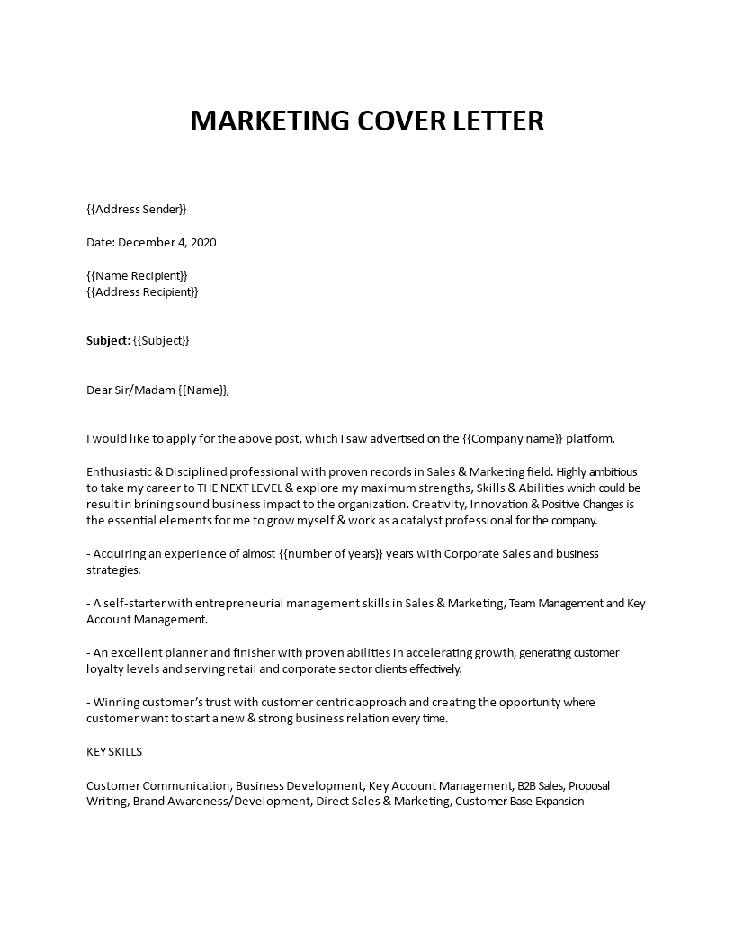 marketing cover letter example template