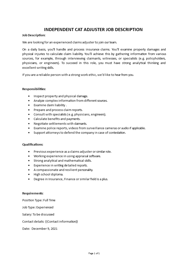 independent cat adjuster job description Main Image independent cat adjuster job description
