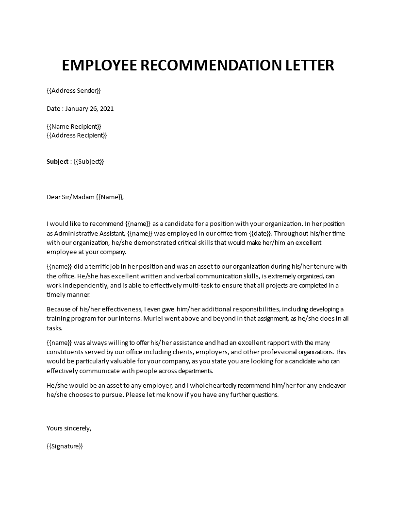 Recommendation letter from an employer Throughout Template For Letter Of Recommendation From Employer