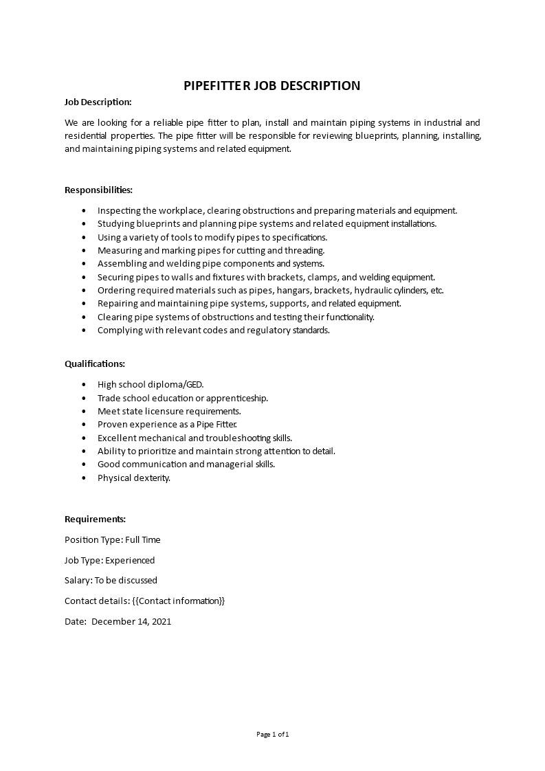 pipefitter job description