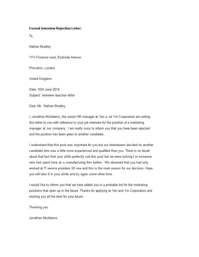 Formal Interview Rejection Letter formal-interview-rejection-letter