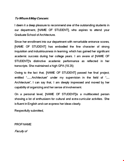 Teacher's Recommendation Letter Template for Academic, Architecture Student Department