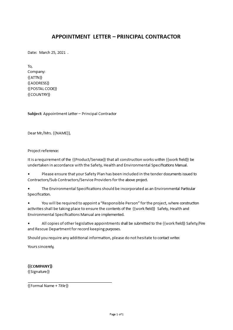 principal contractor appointment letter template