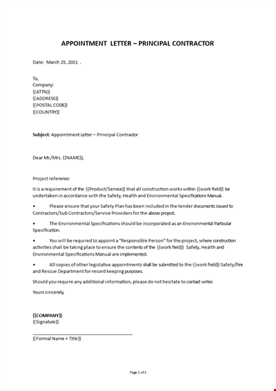 Principal Contractor Appointment Letter