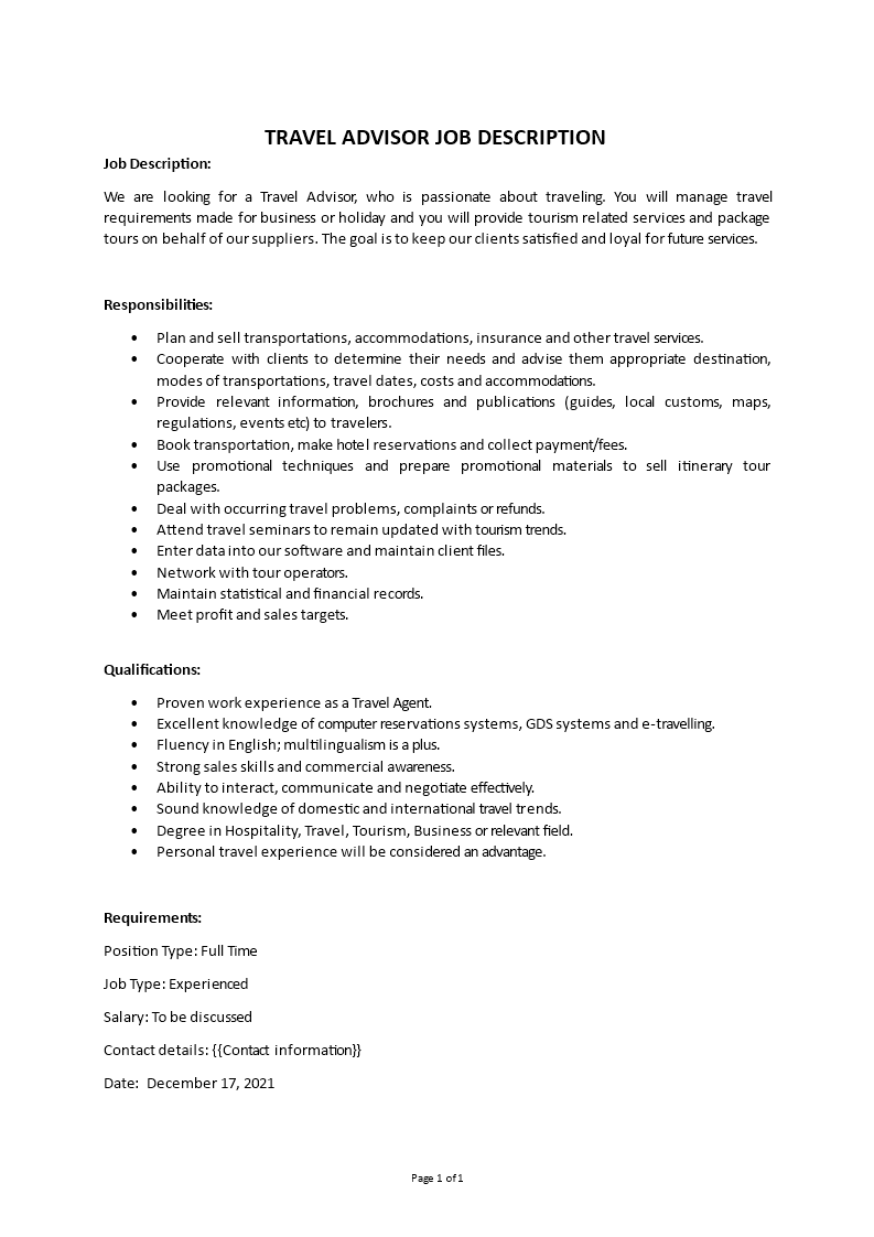 travel advisor job description Main Image travel advisor job description