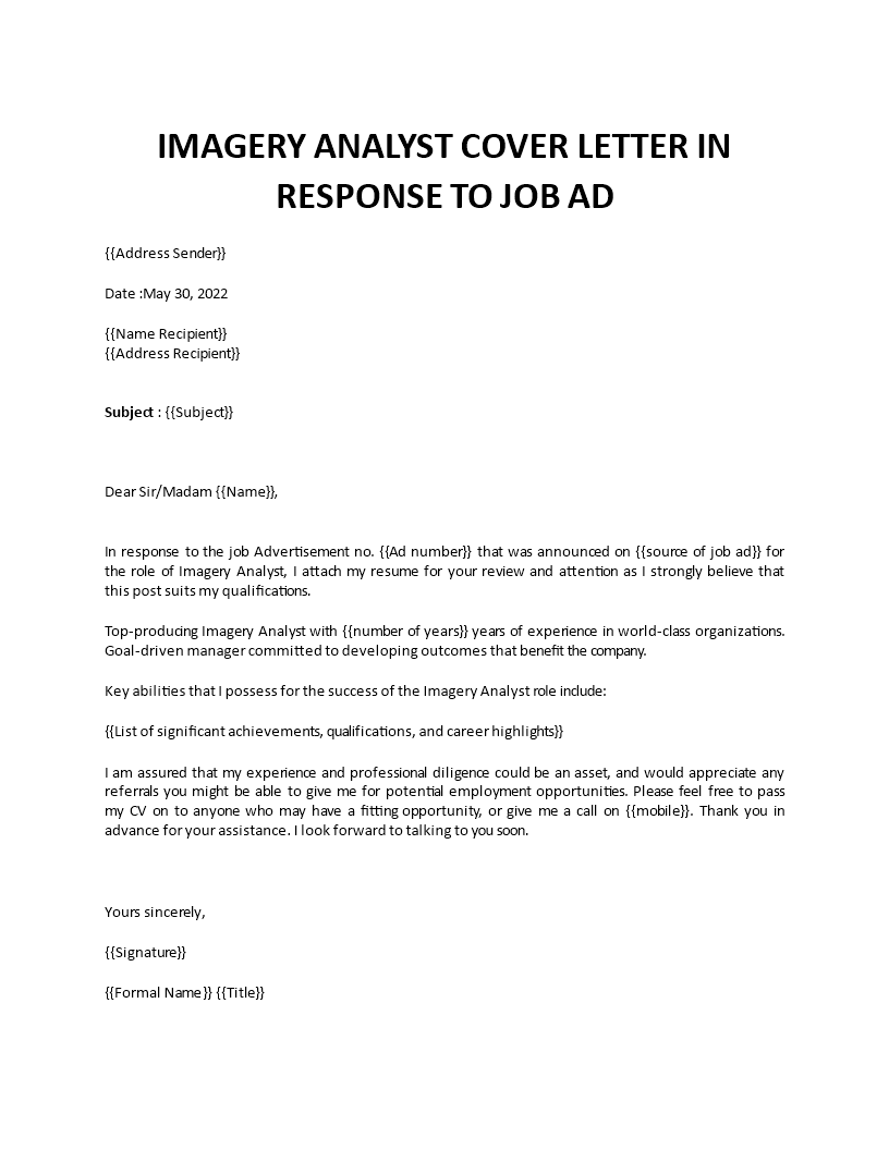 application letter for the position of imagery analyst template