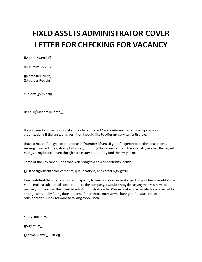 fixed assets administration cover letter