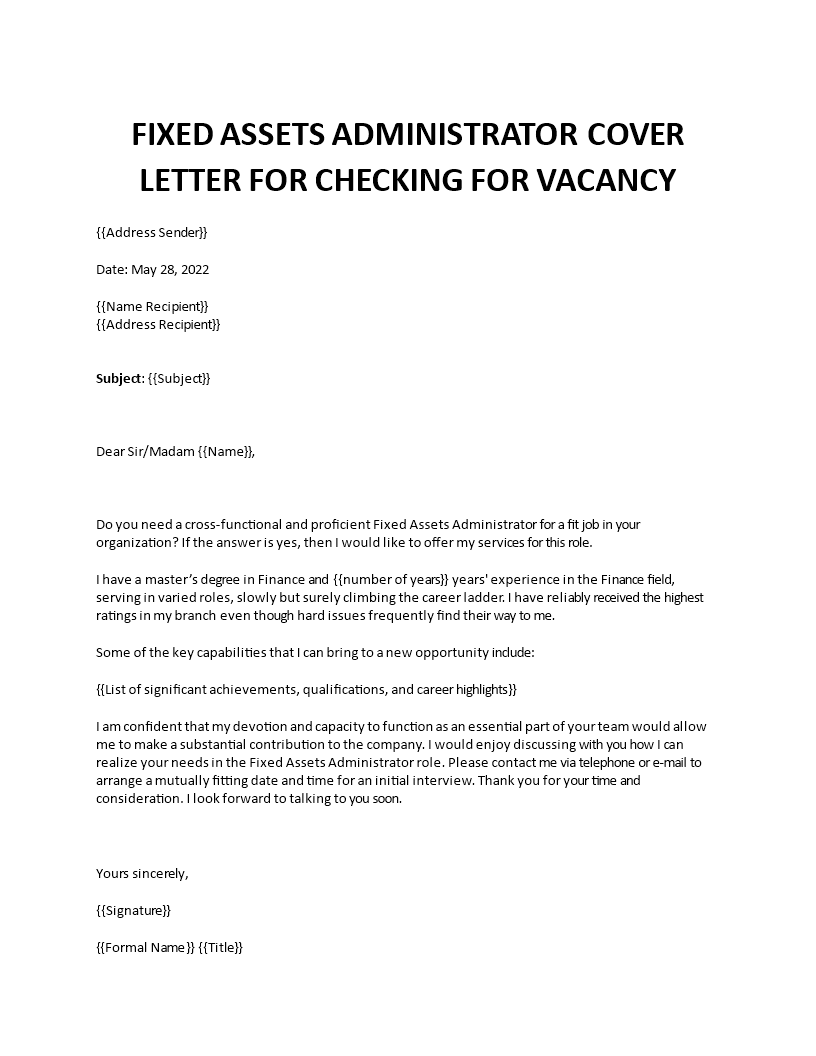 fixed assets administration cover letter Main Image fixed assets administration cover letter template