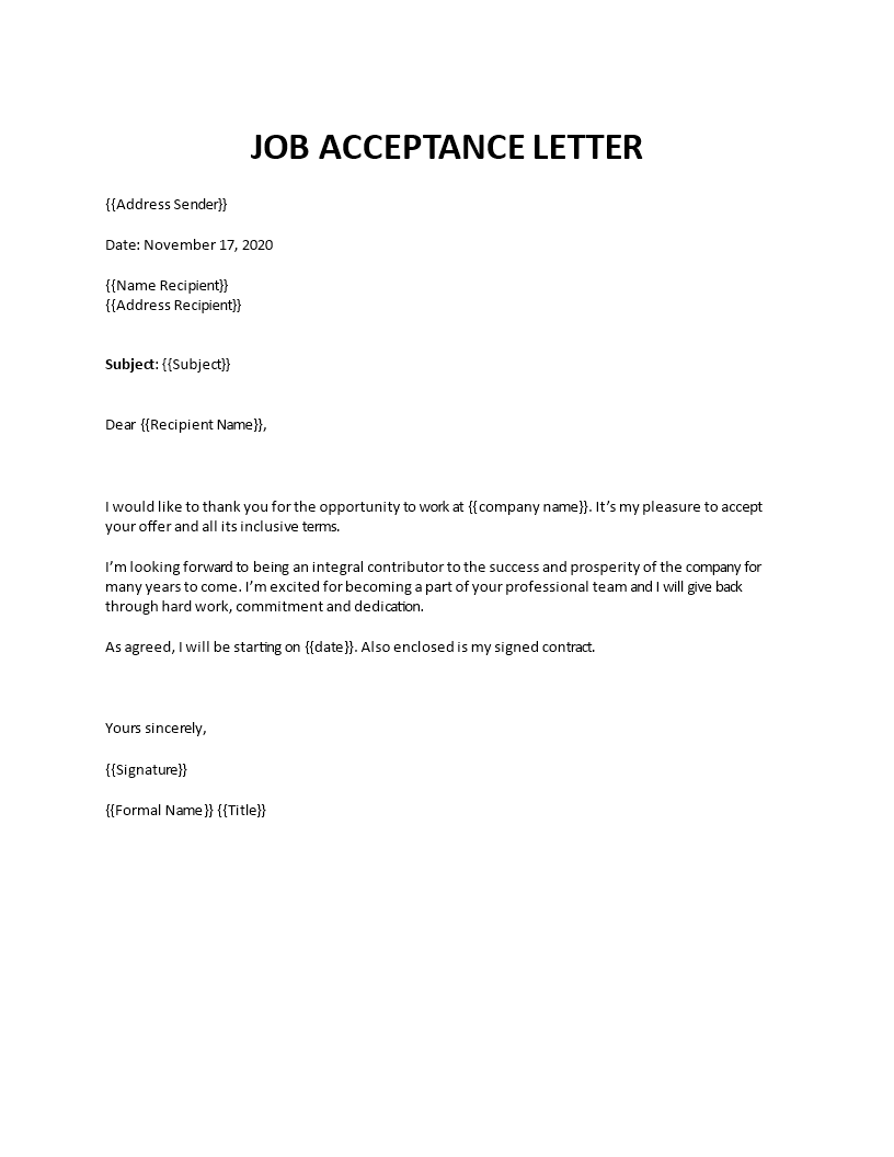 job offer acceptance email sample template
