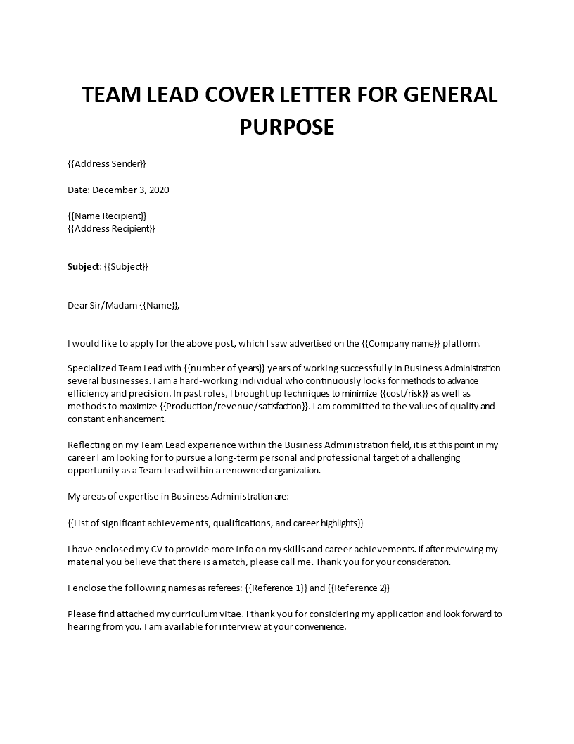 application letter format for team leader