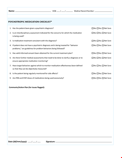 Psychotropic Medication Checklist for Diagnosis and Medications