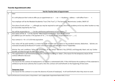 School Teacher Appointment Letter - Contract, Employment | Academy Trust