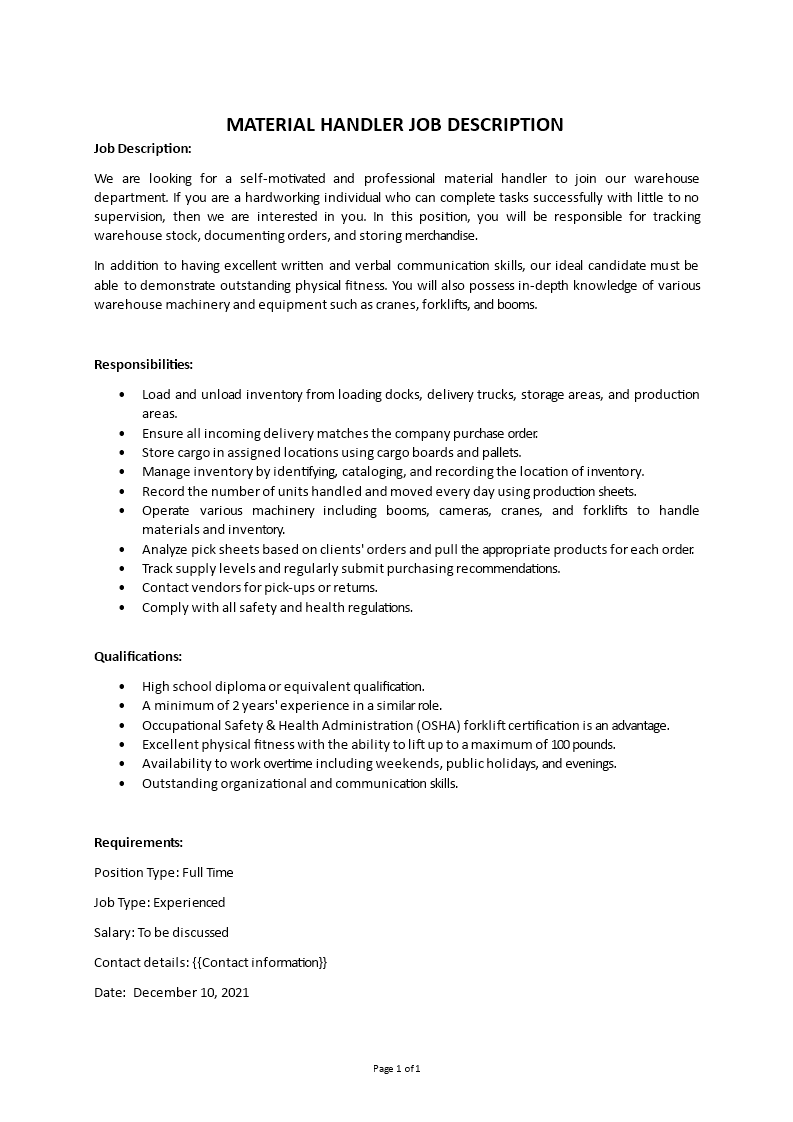 Material Handler Job Description