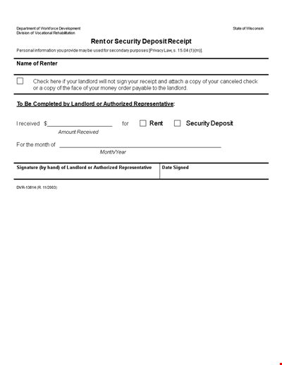 Rent Receipt Template for Security Deposit Purpose 