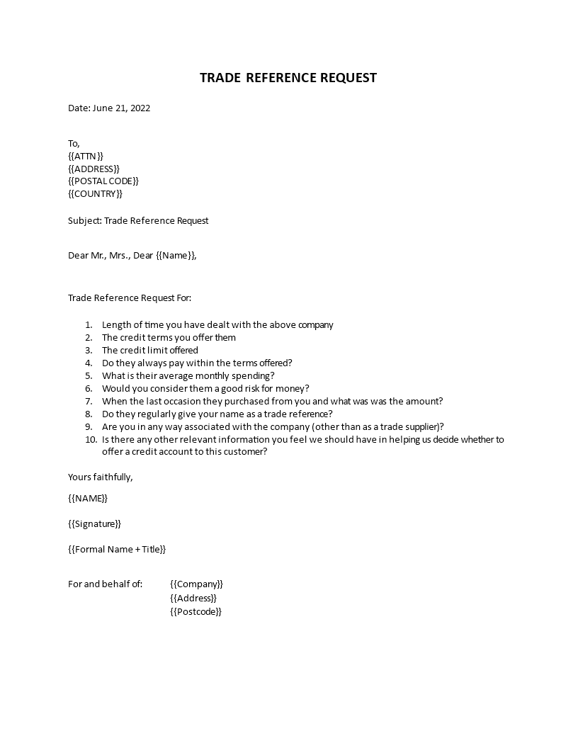 trade reference request letter template