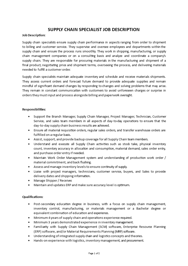 supply chain specialist job description