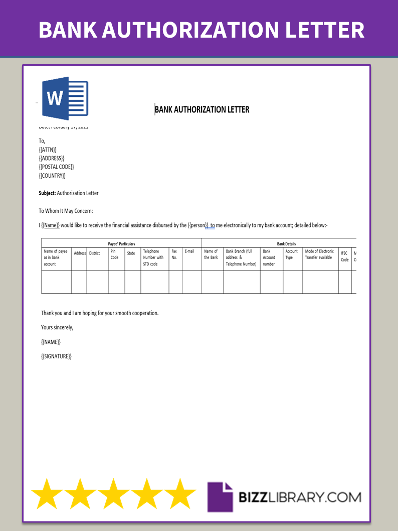 bank authorization letter example