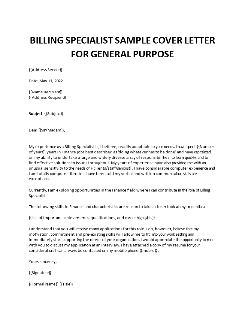billing specialist sample cover letter