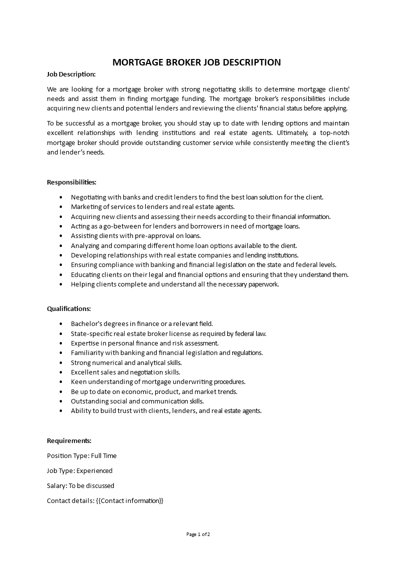 mortgage broker job description