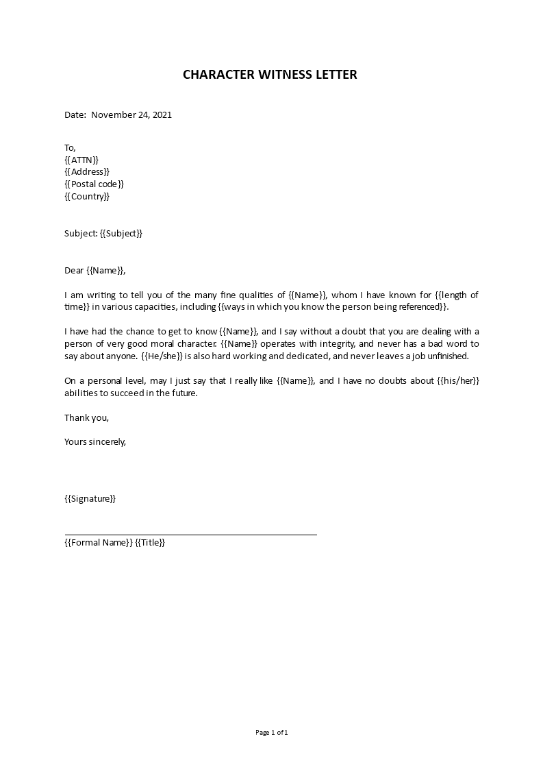 character witness letter template template