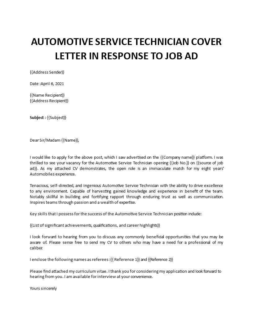 automotive service technician cover letter  template
