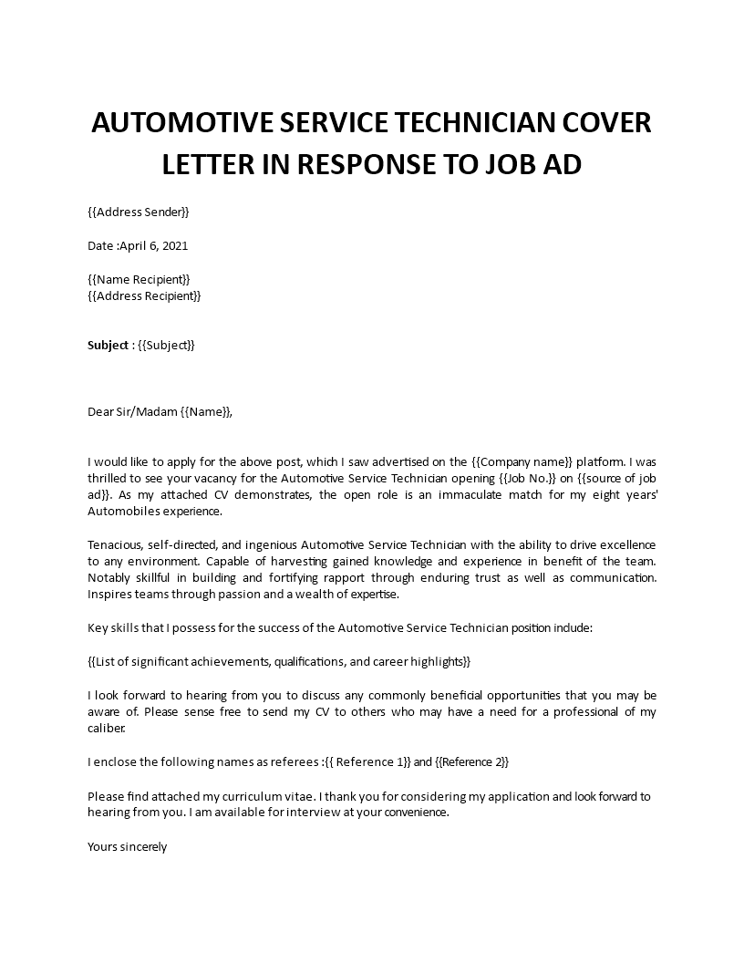 automotive service technician cover letter