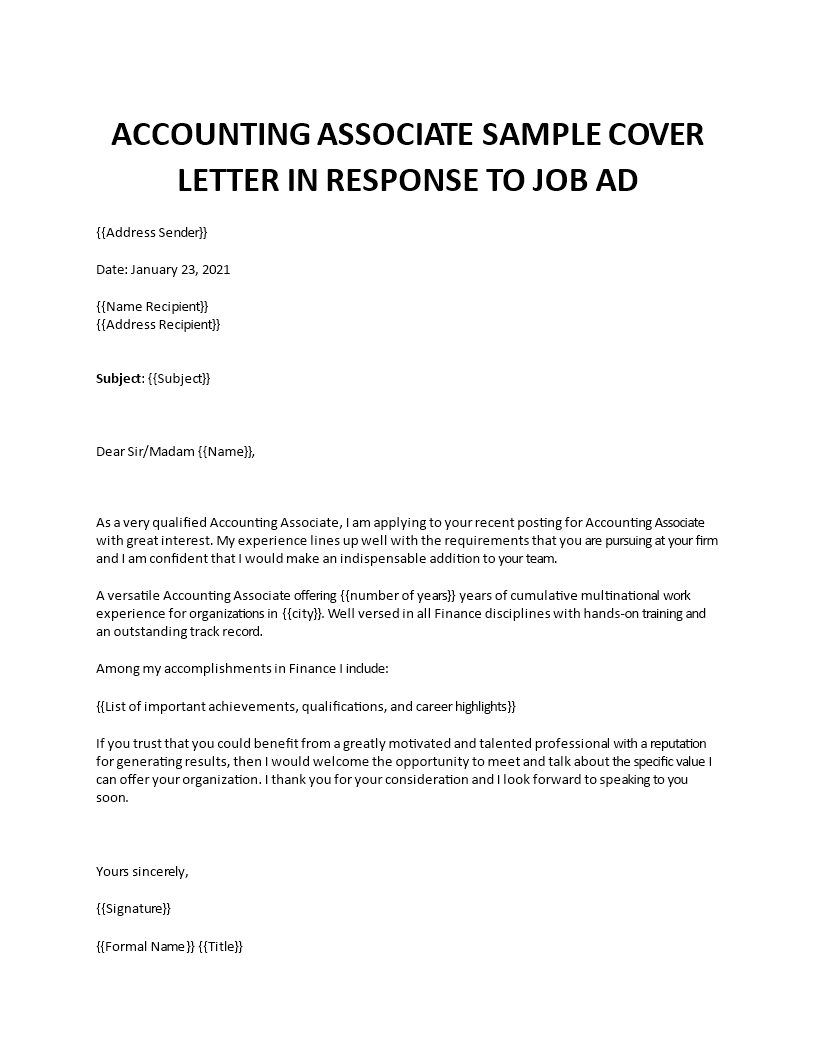accounting associate sample cover letter in response to job ad template
