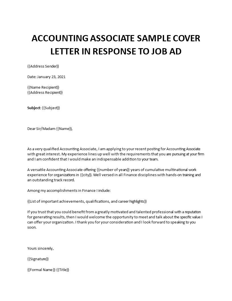 accounting associate sample cover letter in response to job ad Main Image accounting associate sample cover letter in response to job ad