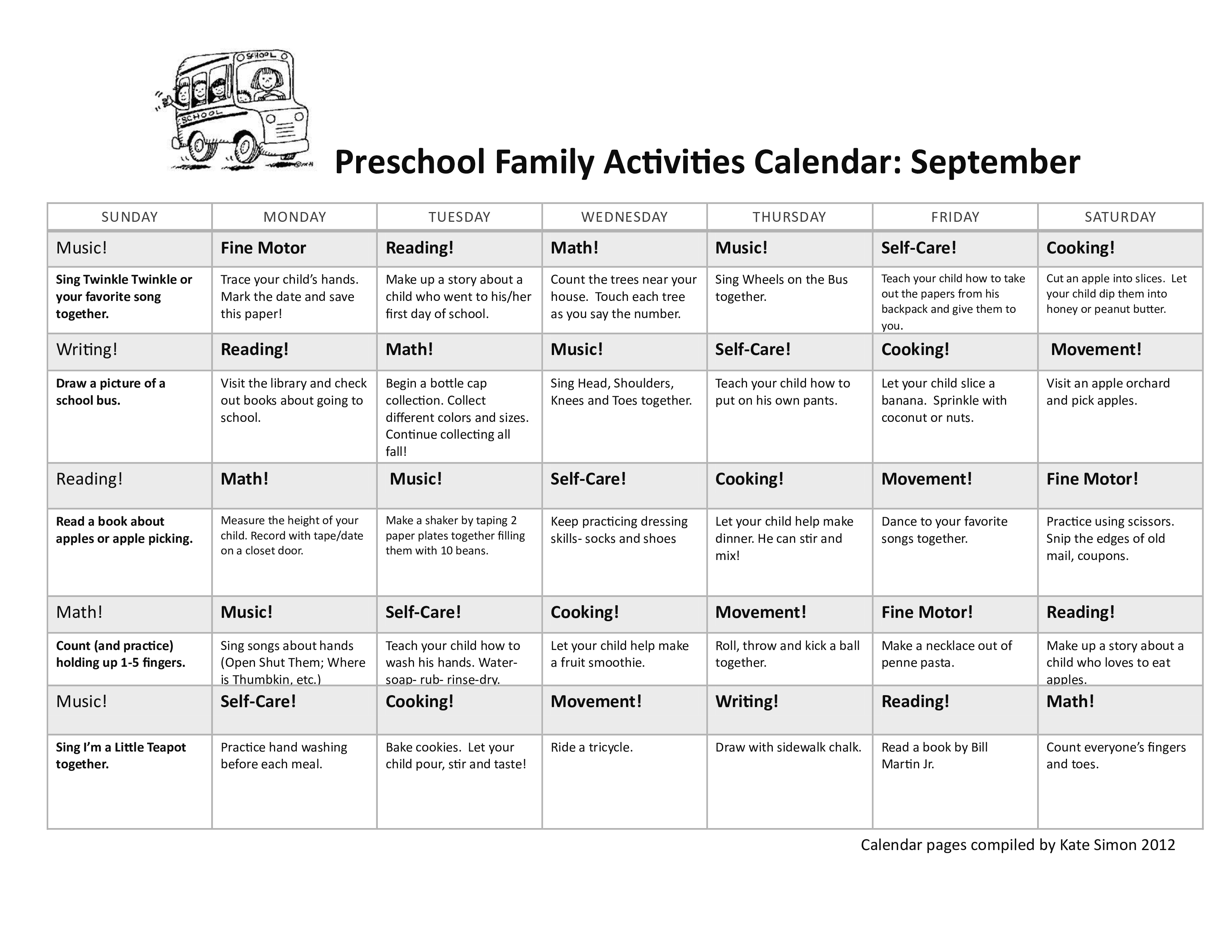 Preschool Monthly Family Activities Calendar Template