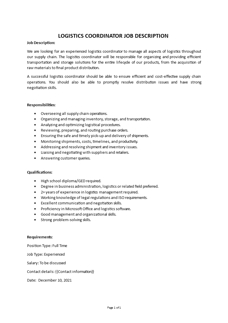 logistics coordinator job description example