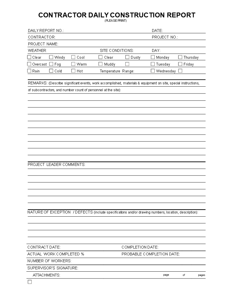 daily construction report template template