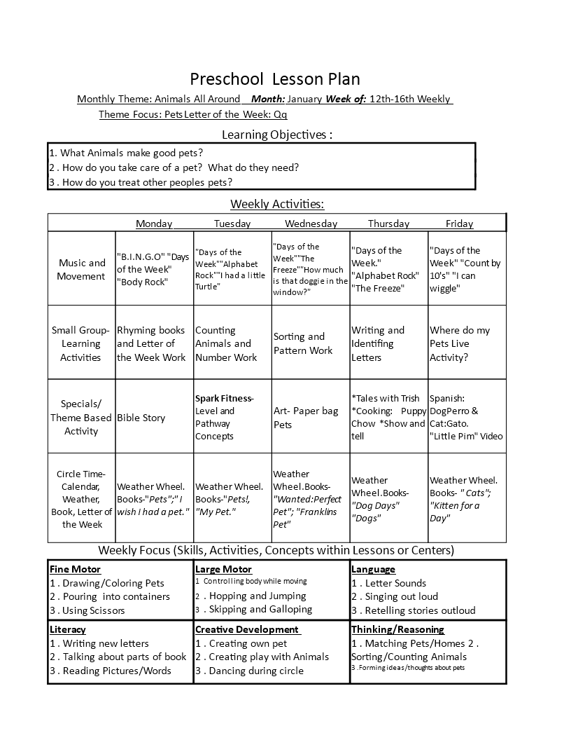 Preschool Monthly Lesson Plan Preschool Monthly Lesson Plan