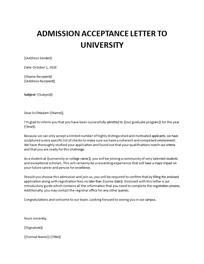 admission acceptance letter sample for university