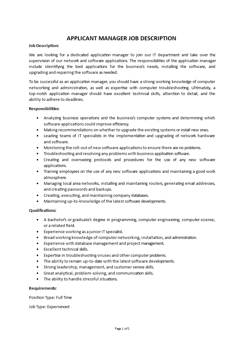 applicant manager job description