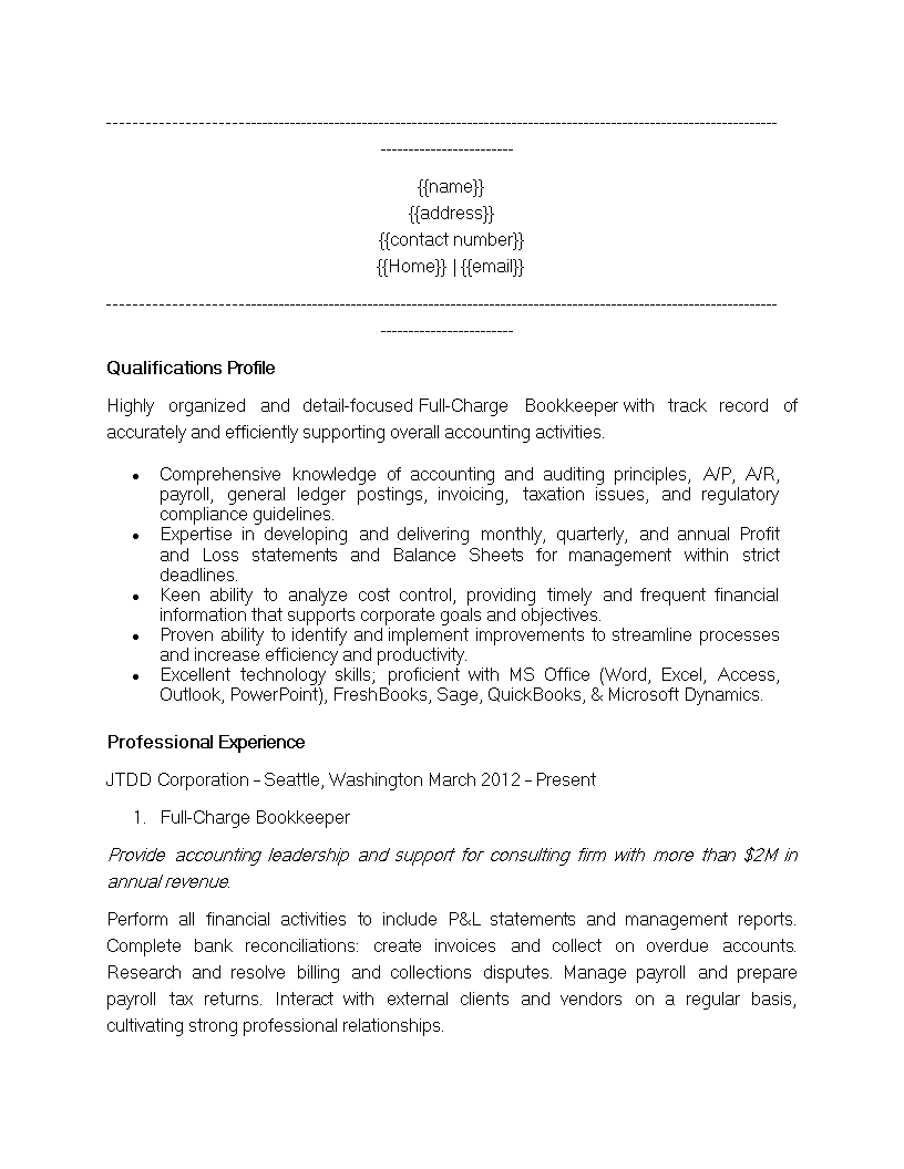 bookkeeper resume Main Image bookkeeper resume template
