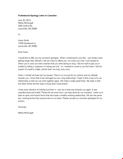 Professional Apology Letter To Coworker