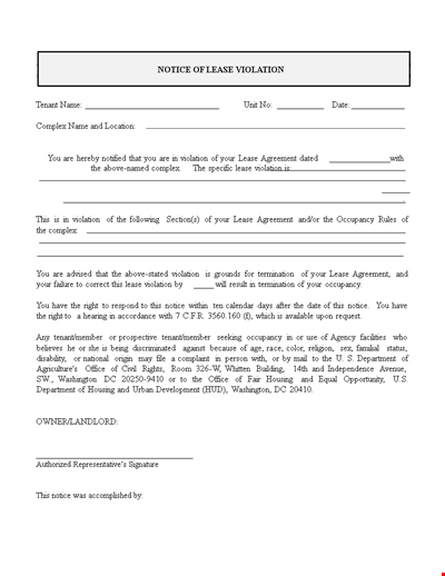 Notice of Lease Violation Template - Informing Complex Tenant of Lease Violation