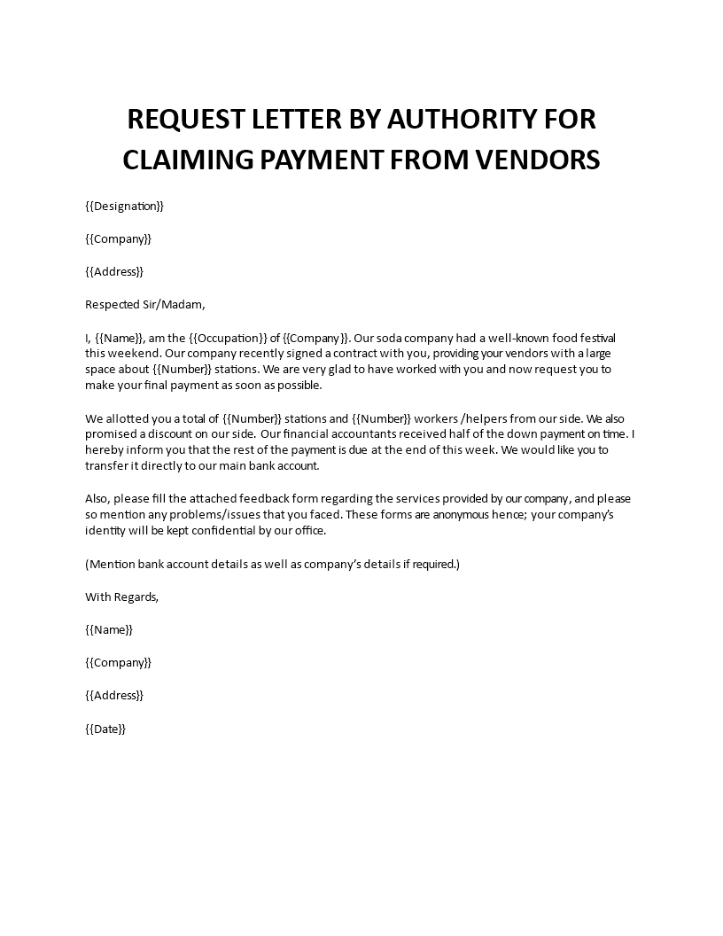 request or warning letter for claiming payment from vendors