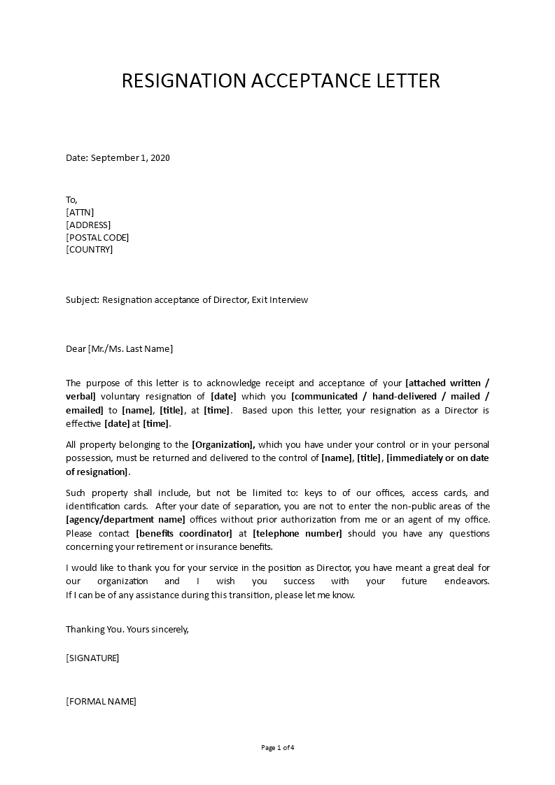 Acceptance of resignation letter of director