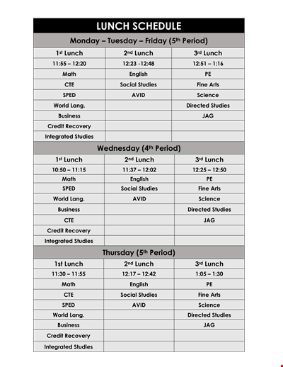 Sample Lunch Schedule for Period Studies