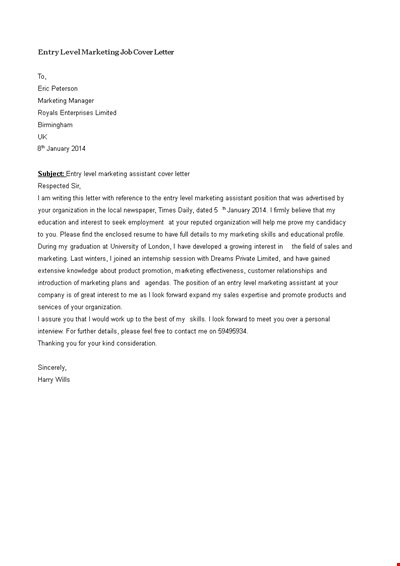Entry Level Marketing Job Cover Letter - Marketing Assistant | CTR Optimized