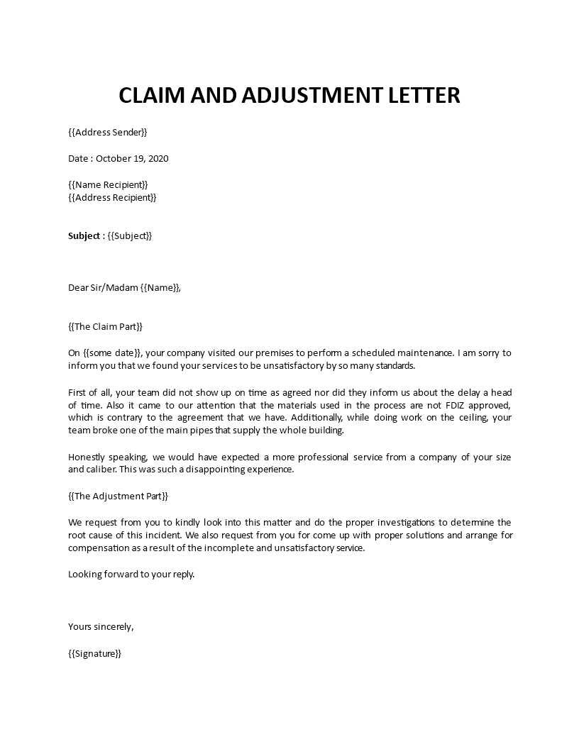 Claim and adjustment letter