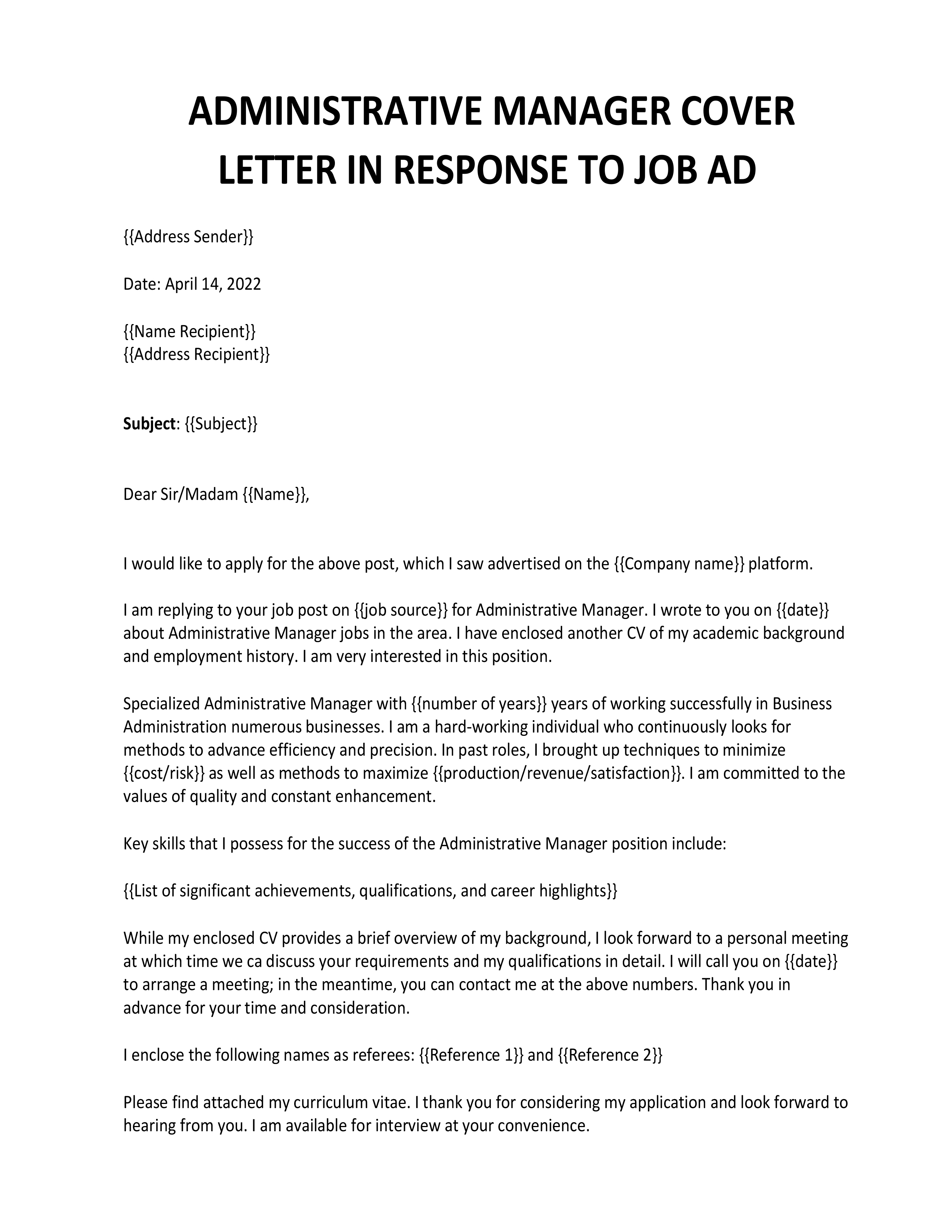 admin manager cover letter template