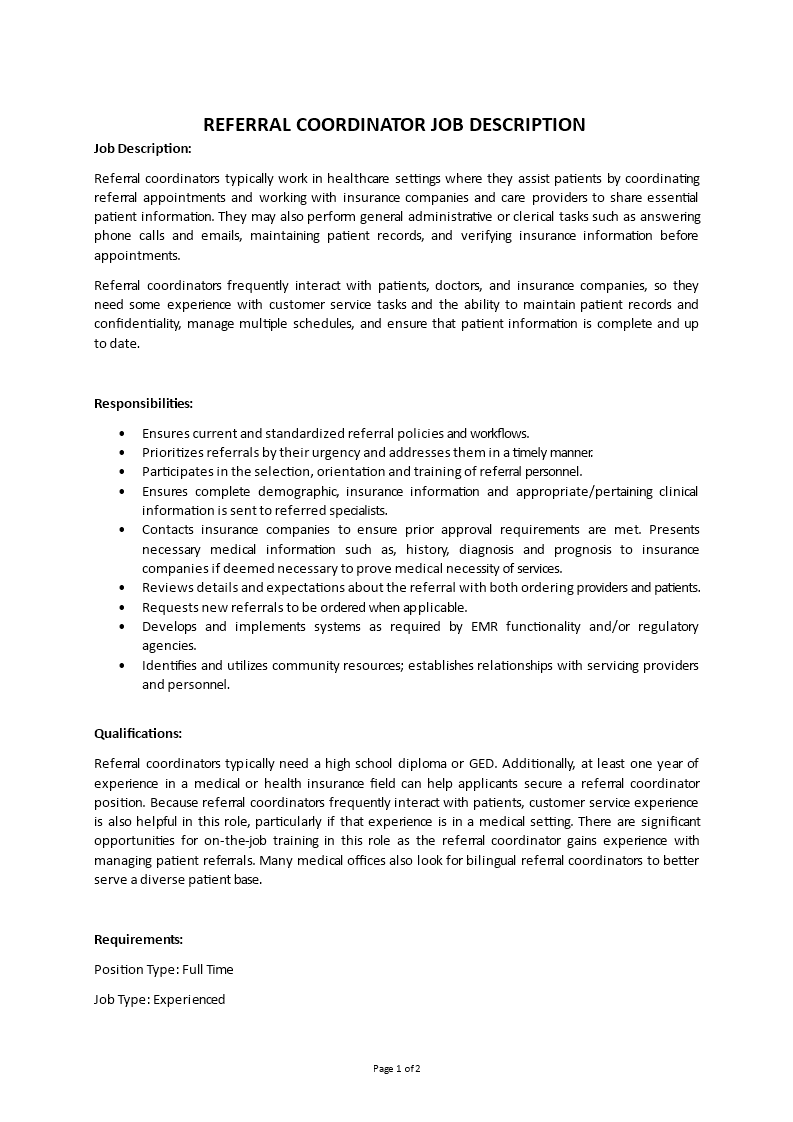 referral coordinator job description Main Image referral coordinator job description