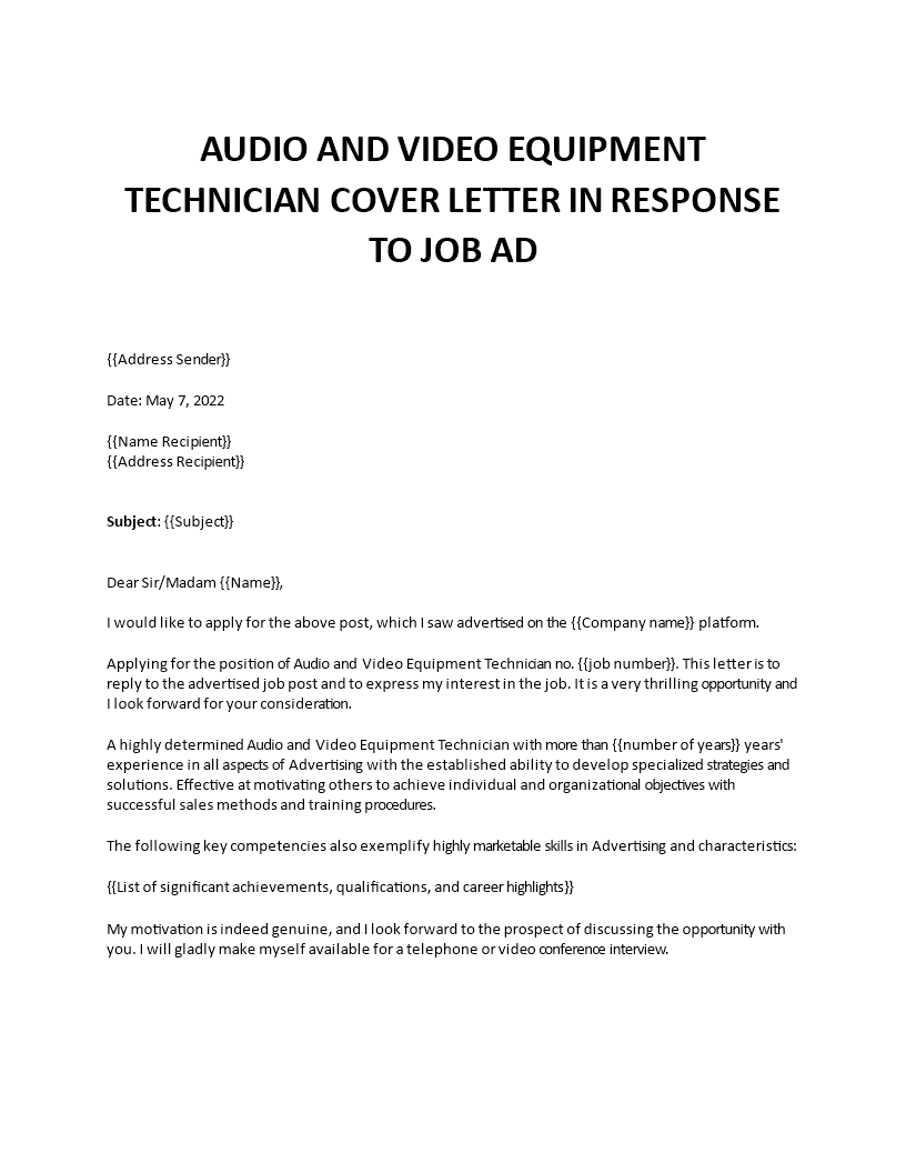 audio video equipment technician cover letter Main Image audio video equipment technician cover letter